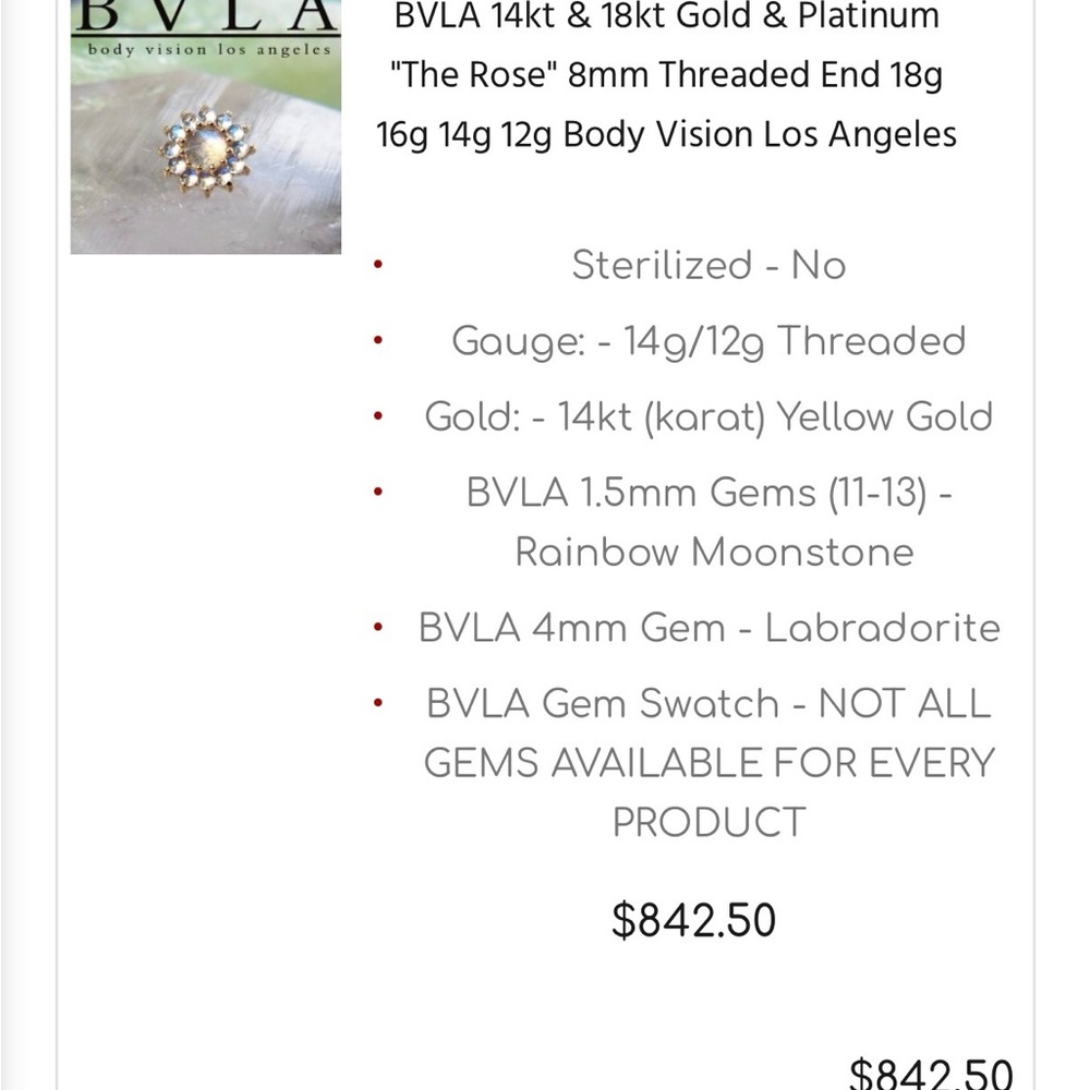 BVLA 14k yellow gold “The Rose” 8mm Labradorite and Moonstone 14g threaded - Picture 5 of 8